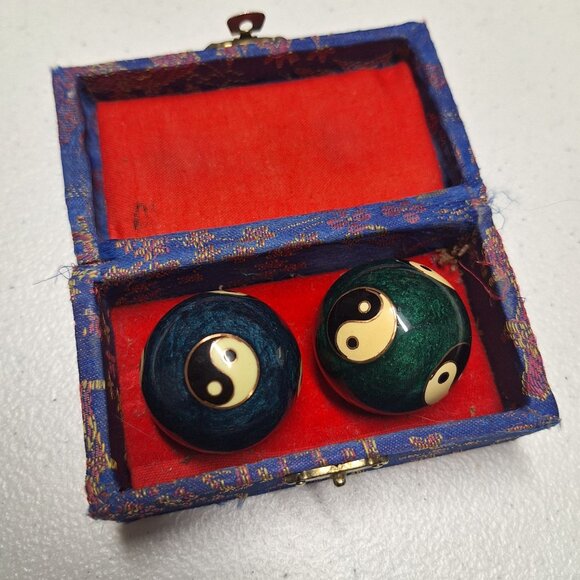 Yin Yang Baoding Balls In Decorative Box For Stress Relief & Hand Therapy - 2" D - Picture 1 of 5